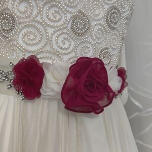 Elegant White Dress with Red Floral Belt